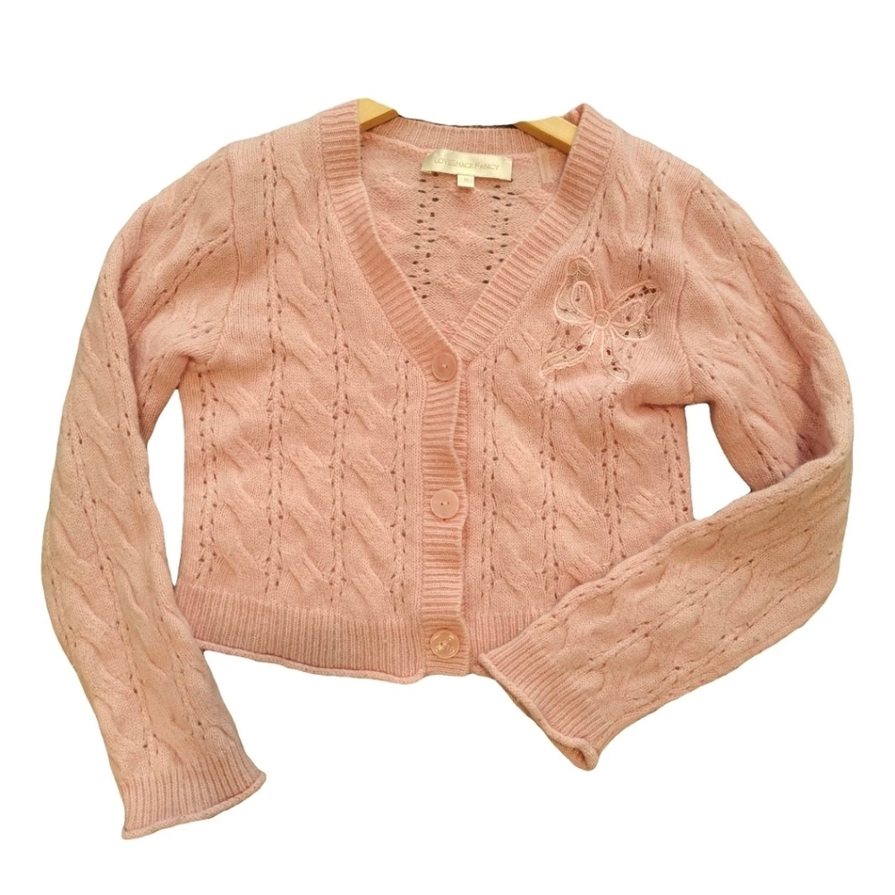 Loveshackfancy Kids Bow embellished Cable Cashmere Blended Cardigan M 7-9